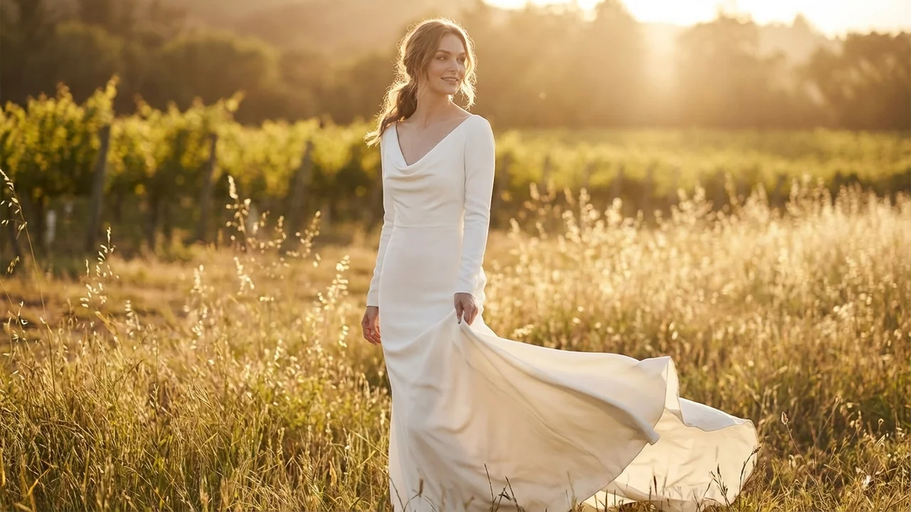 Robe de Mariée Col Bénitier en Crêpe à Manches Longues - 6