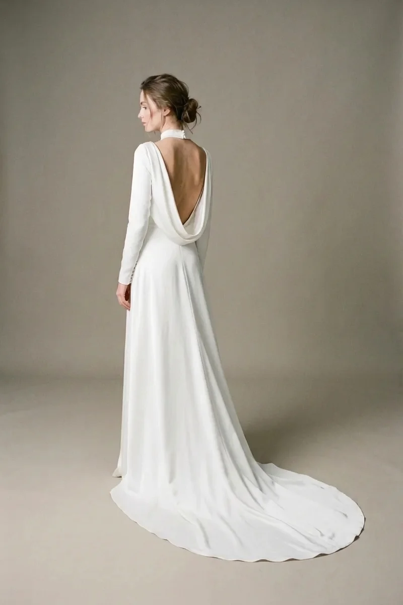 Cowl Back Satin Wedding Dress with Chapel Train - 2