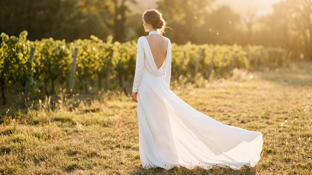 Cowl Back Satin Wedding Dress with Chapel Train - 6