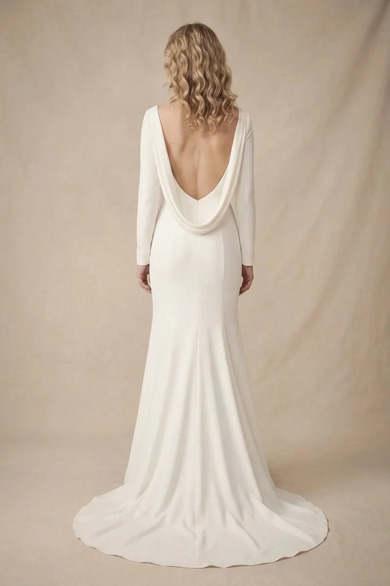 Cowl Back Crepe Wedding Dress with Low Back Detail - 2