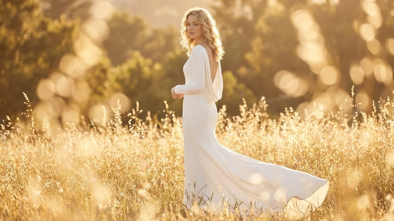 Cowl Back Crepe Wedding Dress with Low Back Detail - 6