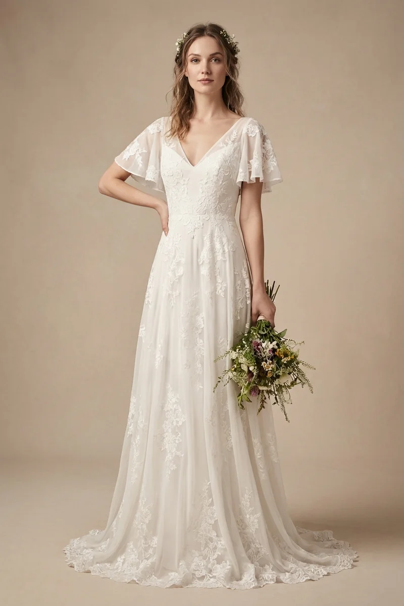 Flowy Lace Boho Destination Wedding Dress - 1