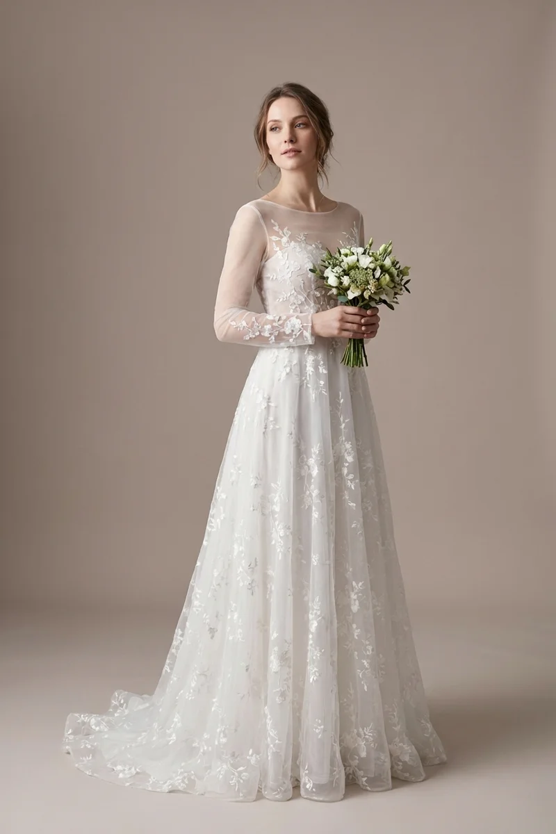 Robe de Mariée Jardin Brodée de Fleurs avec Manches Transparentes - 1
