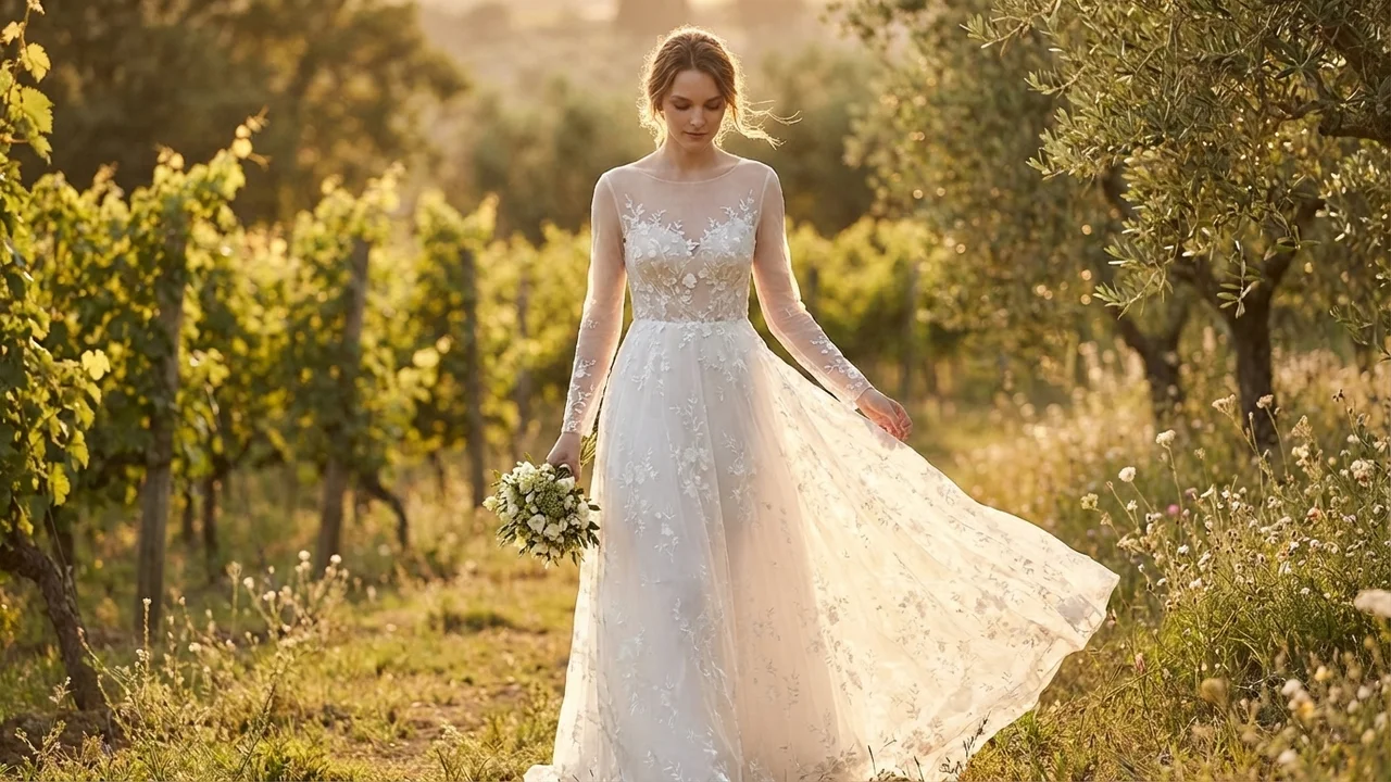 Floral Embroidered Garden Wedding Dress with Sheer Sleeves - 6