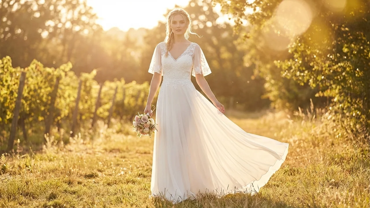 Chiffon Flutter Sleeve Garden Wedding Dress with Lace Bodice - 6