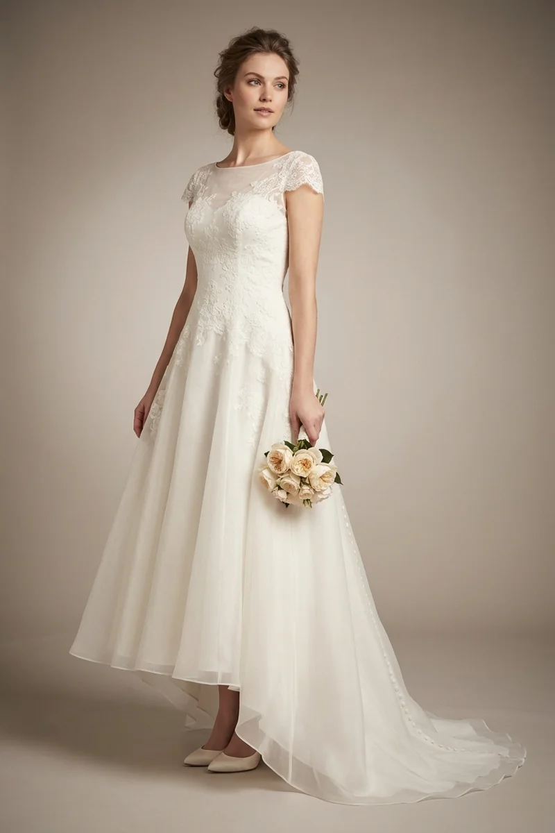 Vintage Brautkleid in Teelänge mit Knopfleiste für Gartenhochzeiten - 1