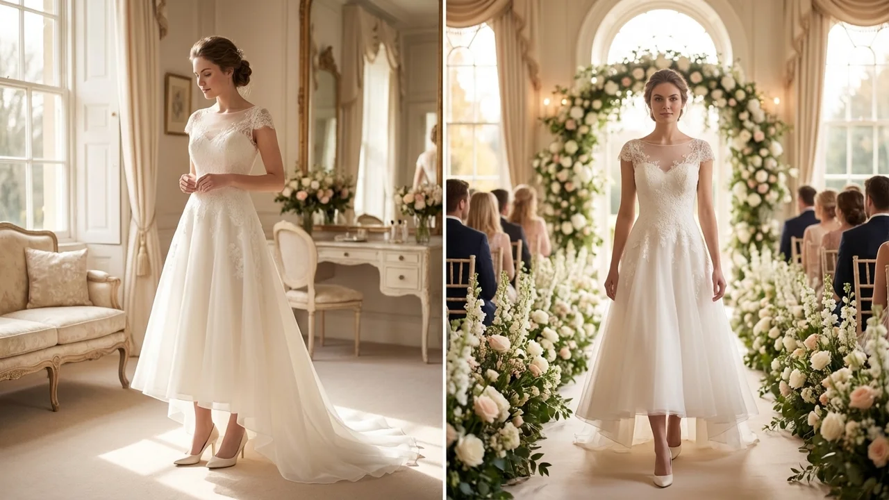 Vintage Tea Length Garden Wedding Dress with Button Back - 5