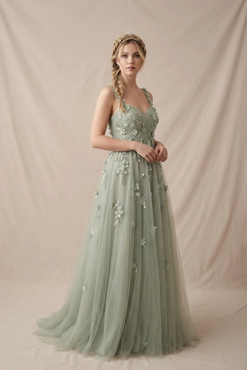 Robe de Mariée Vert Sauge en Tulle Ligne A avec Appliqués Floraux - 1