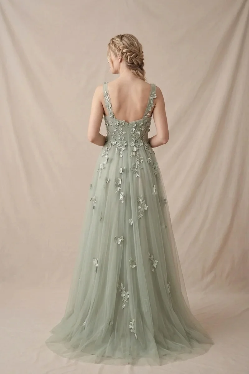 Robe de Mariée Vert Sauge en Tulle Ligne A avec Appliqués Floraux - 2