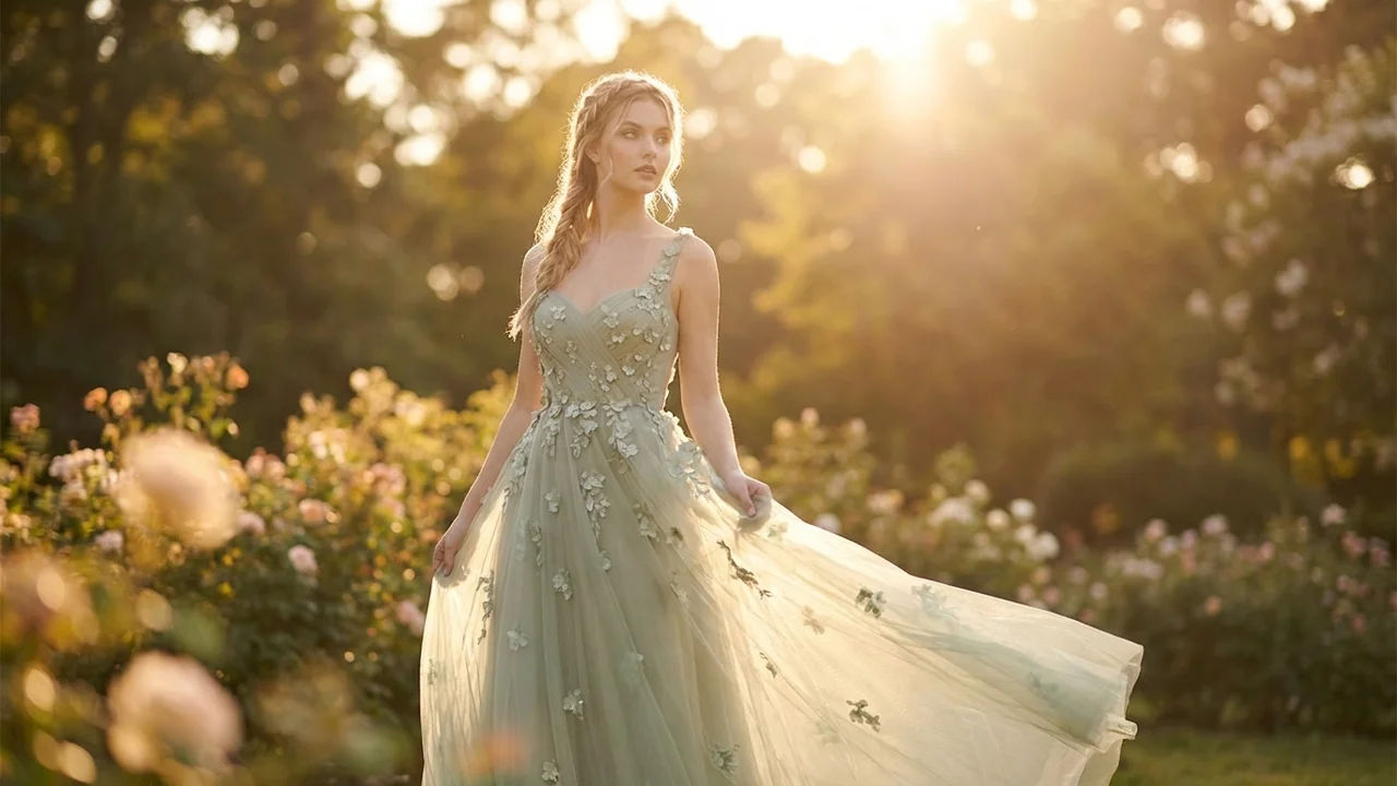 Robe de Mariée Vert Sauge en Tulle Ligne A avec Appliqués Floraux - 6