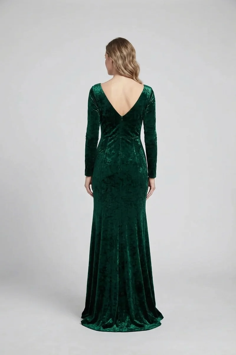 Robe de Mariée Vert Émeraude en Velours à Manches Longues - 2