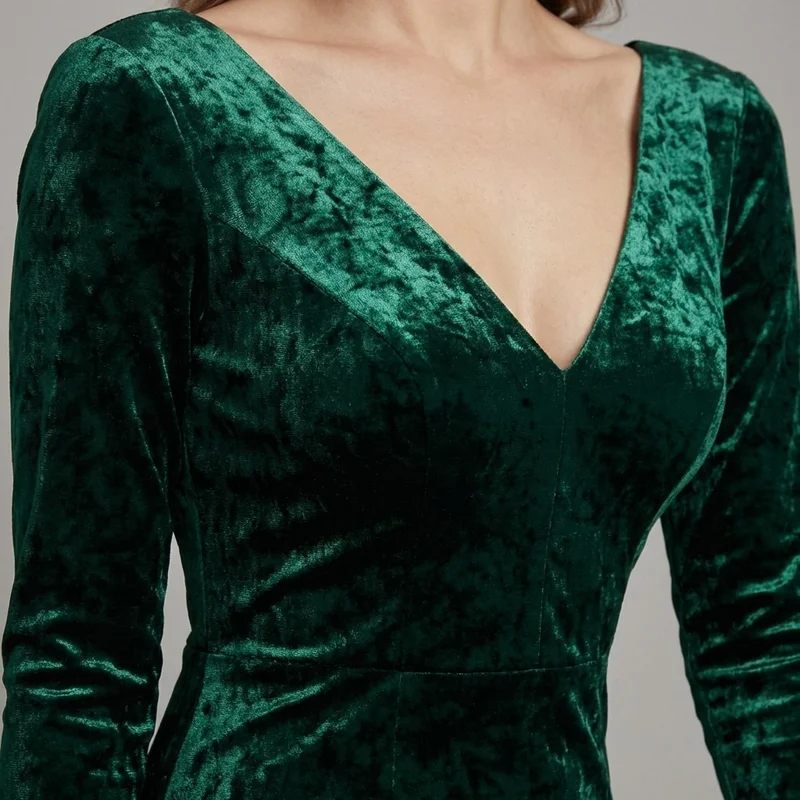 Robe de Mariée Vert Émeraude en Velours à Manches Longues - 3