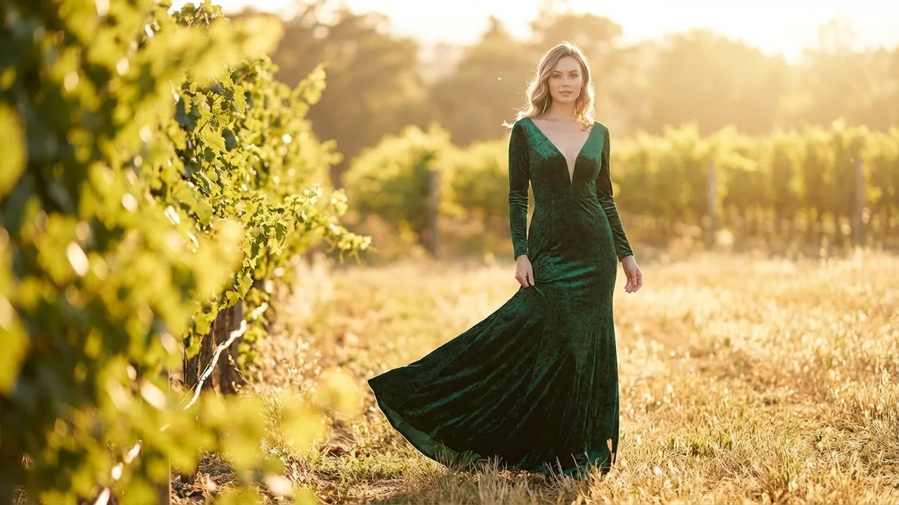 Robe de Mariée Vert Émeraude en Velours à Manches Longues - 6
