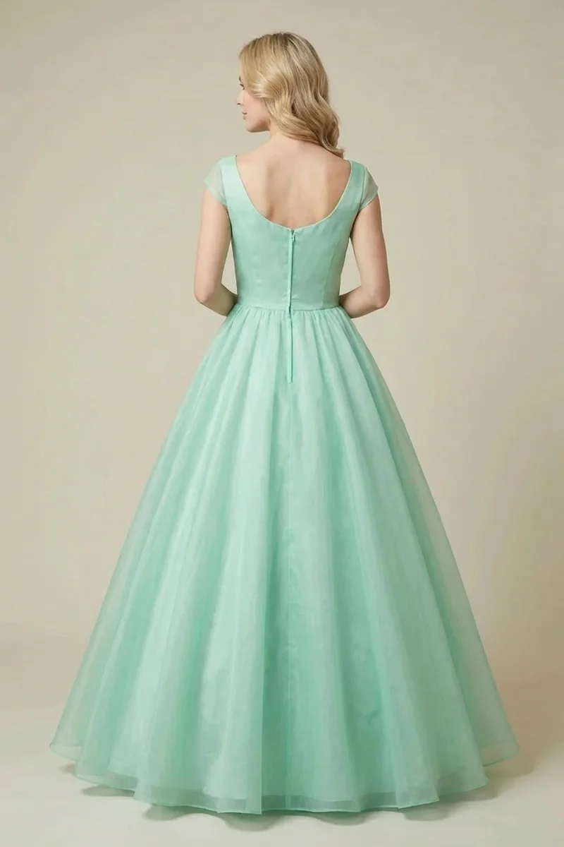 Robe de Mariée Vert Menthe en Organza Style Princesse avec Mancherons - 2