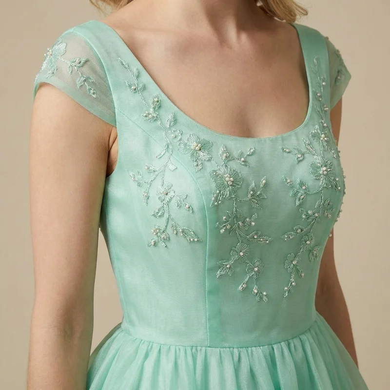 Robe de Mariée Vert Menthe en Organza Style Princesse avec Mancherons - 3