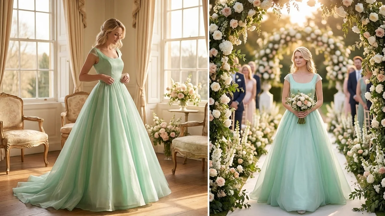 Robe de Mariée Vert Menthe en Organza Style Princesse avec Mancherons - 5