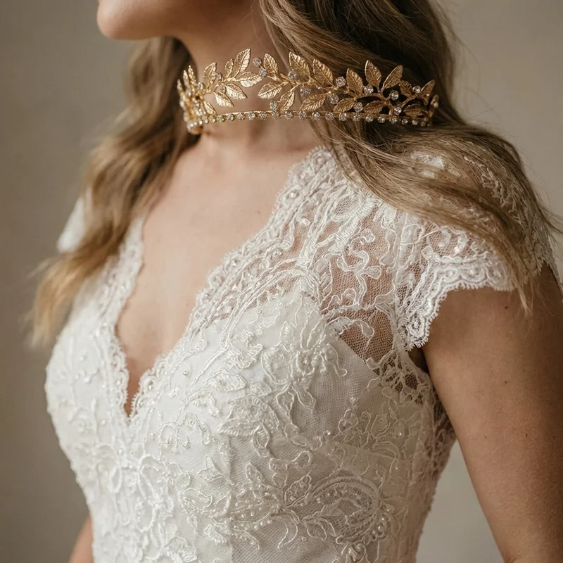 Gold Leaf Bridal Tiara with Rhinestone Details - 3