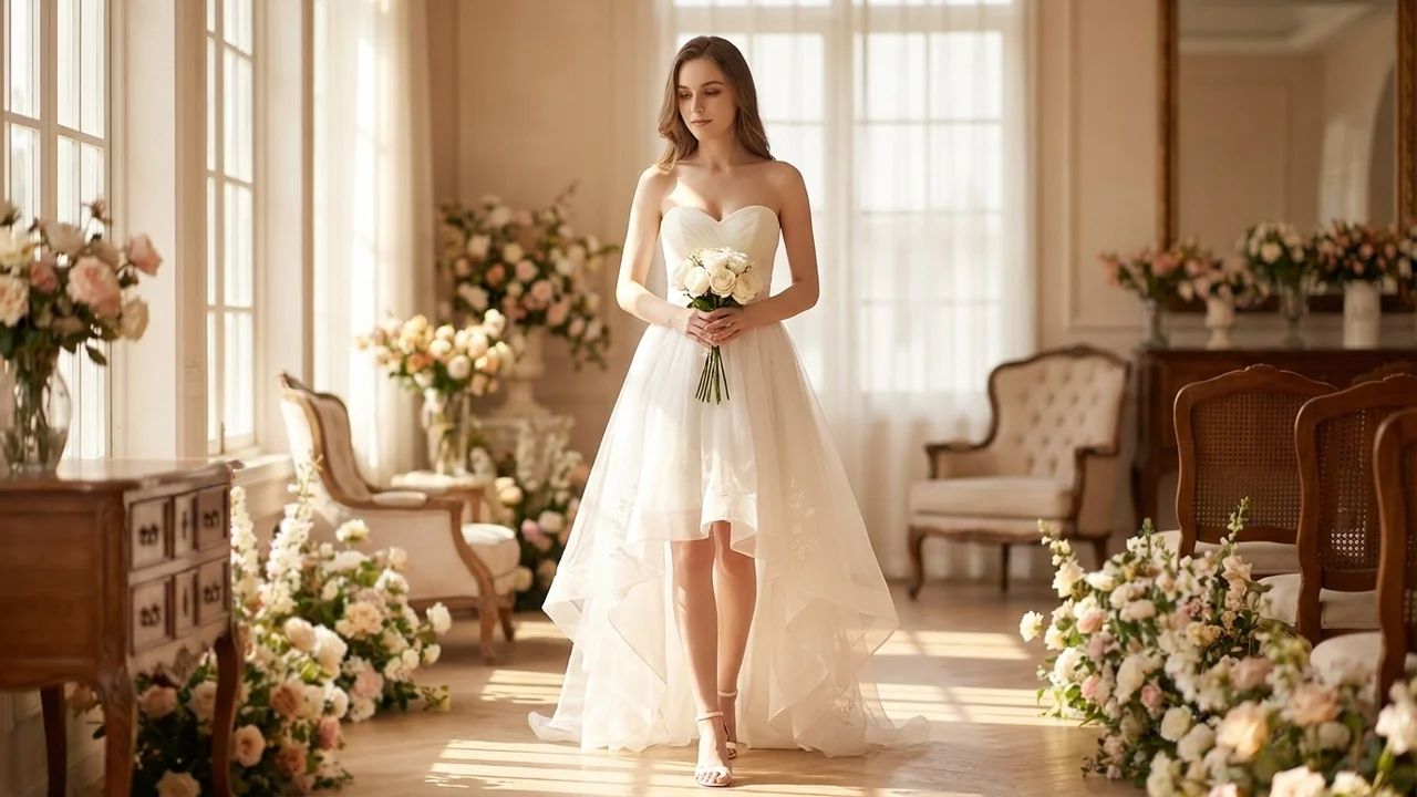 High Low Tulle Wedding Dress with Sweetheart Neckline - 5