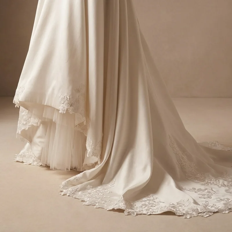 Robe de Mariée Courte Devant Longue Derrière en Satin avec Grand Nœud dans le Dos - 4