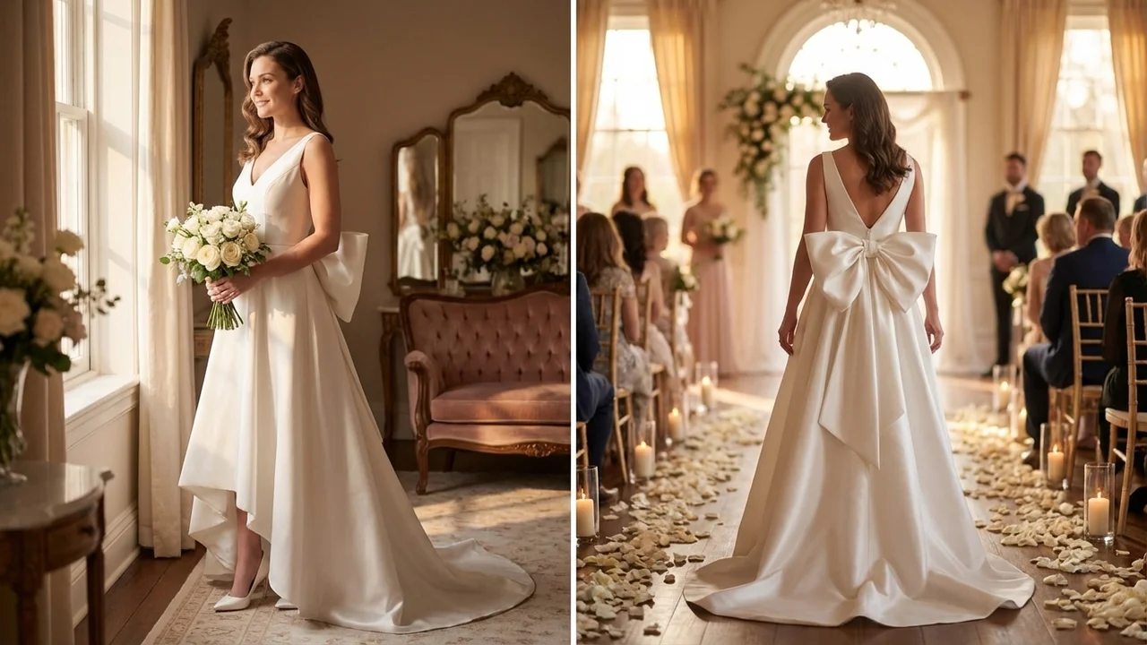 Robe de Mariée Courte Devant Longue Derrière en Satin avec Grand Nœud dans le Dos - 5
