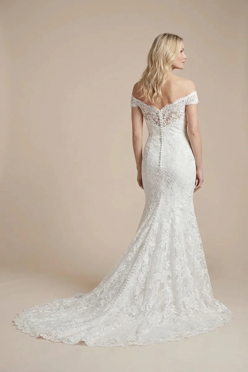 Off Shoulder Lace Mermaid Wedding Dress with Chapel Train - 2