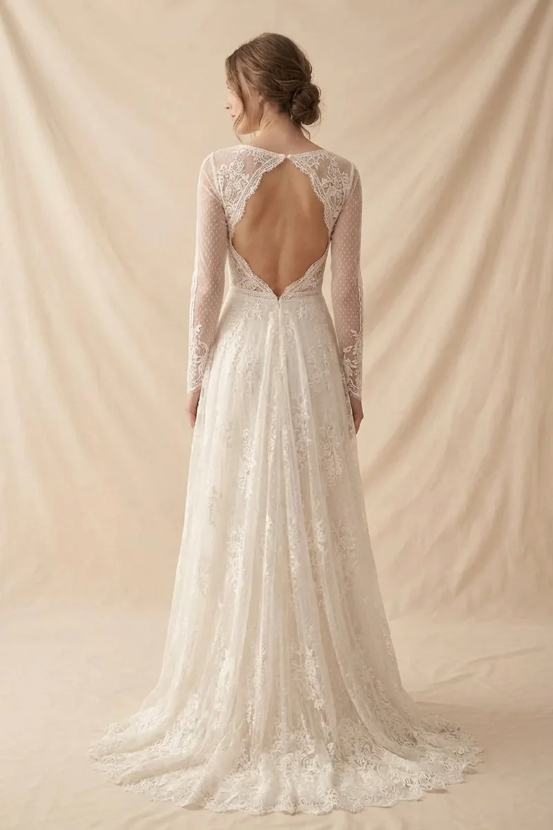 Long Sleeve Lace Bohemian Wedding Dress with Open Back - 2