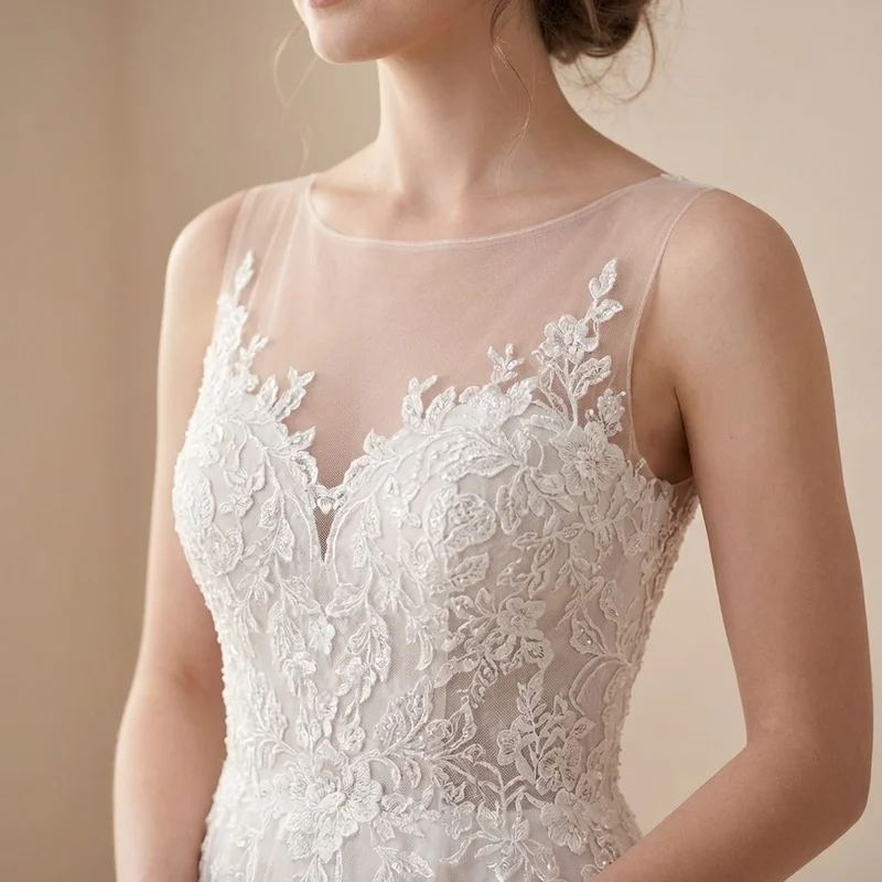 Robe de Mariée Ligne A en Dentelle avec Encolure Illusion et Dos Boutonné - 3