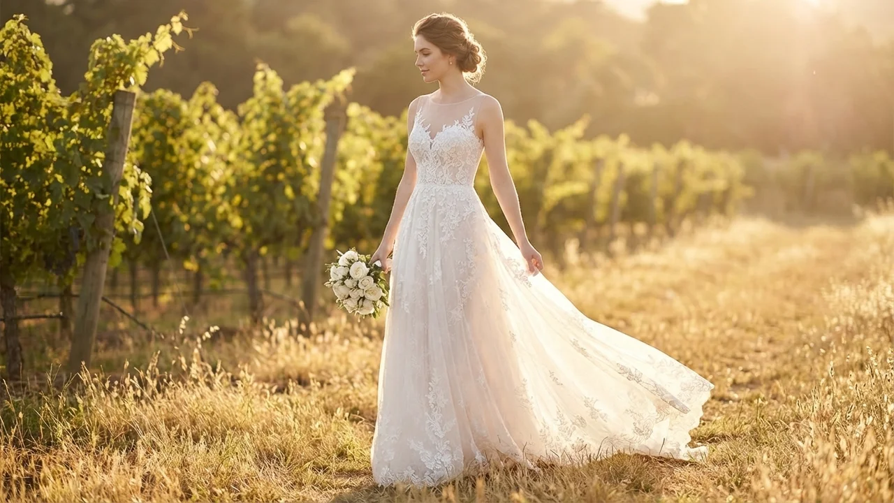 Robe de Mariée Ligne A en Dentelle avec Encolure Illusion et Dos Boutonné - 6