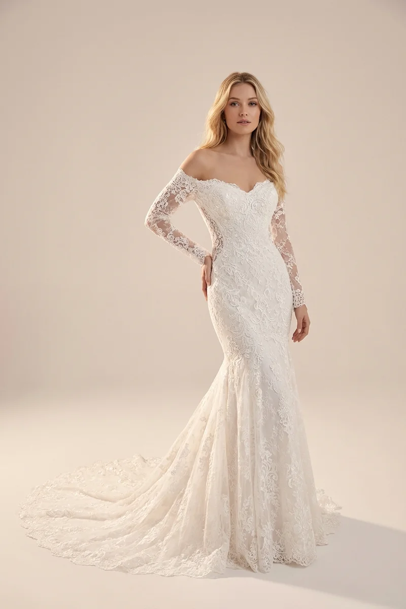Fitted Lace Sleeve Mermaid Wedding Dress - 1