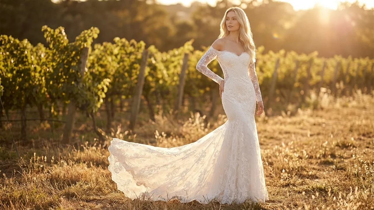 Figurbetontes Meerjungfrau Brautkleid mit Spitzenärmeln - 6