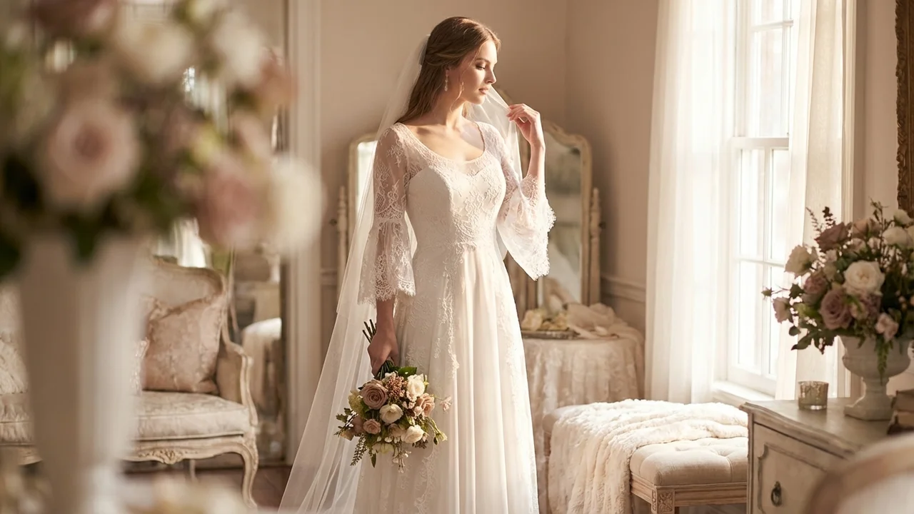 Bohemian Lace Sleeve A-Line Wedding Dress - 5