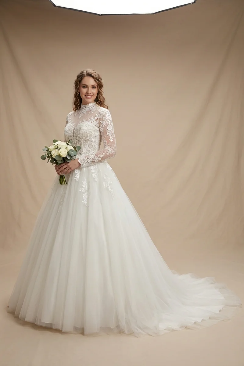 Modest Lace Sleeve Ballgown Wedding Dress - 1