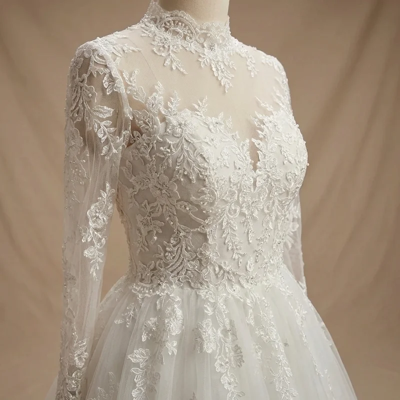 Modest Lace Sleeve Ballgown Wedding Dress - 3