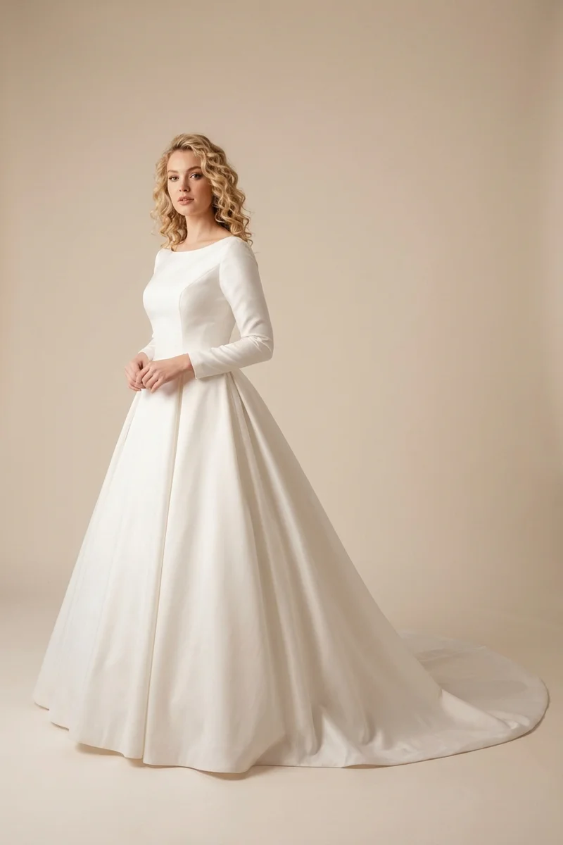 Elise Satin Long Sleeve Ball Gown Wedding Dress - 1