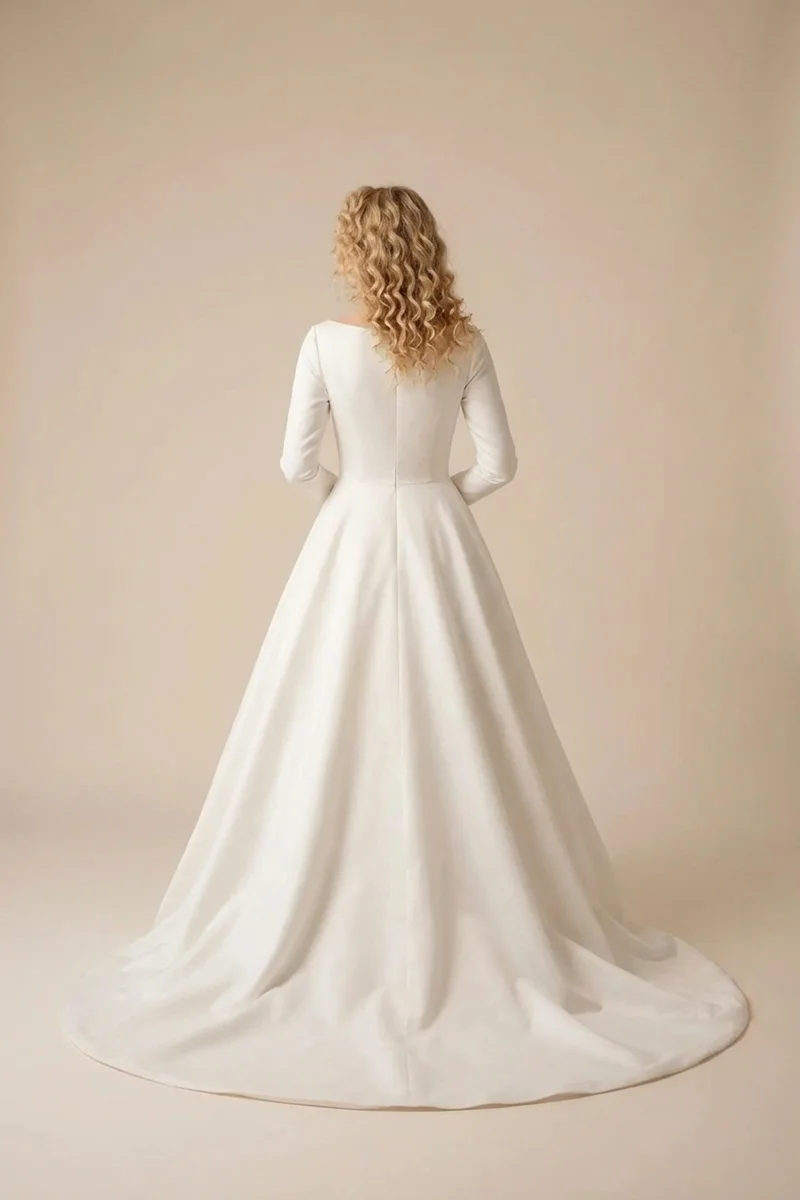 Elise Satin Long Sleeve Ball Gown Wedding Dress - 2