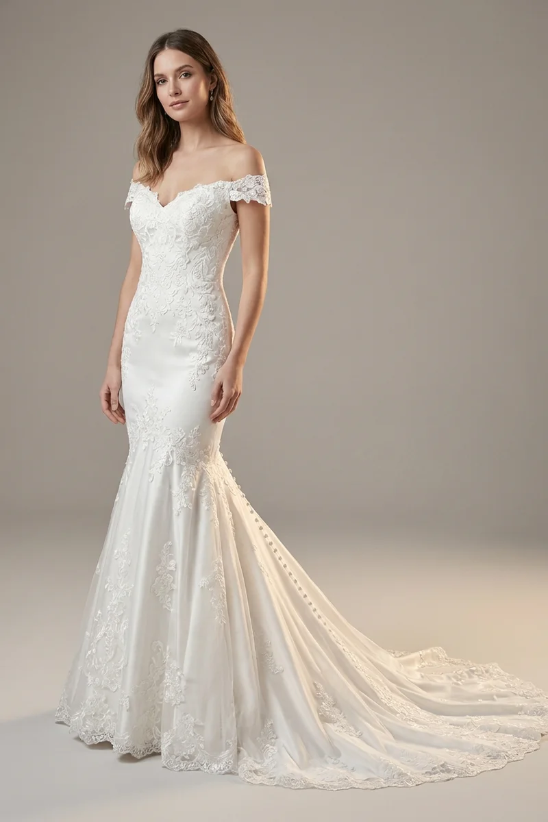 Mermaid Lace Wedding Dress with Off-Shoulder Sleeves - 1