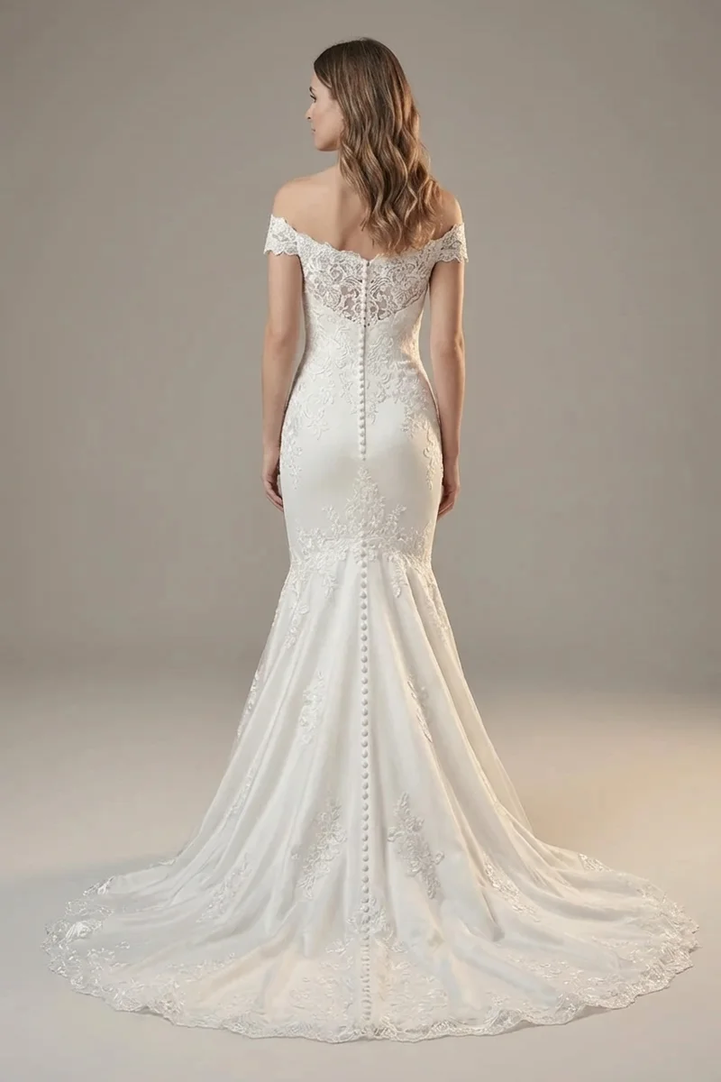 Robe de Mariée Sirène en Dentelle avec Épaules Dénudées - 2