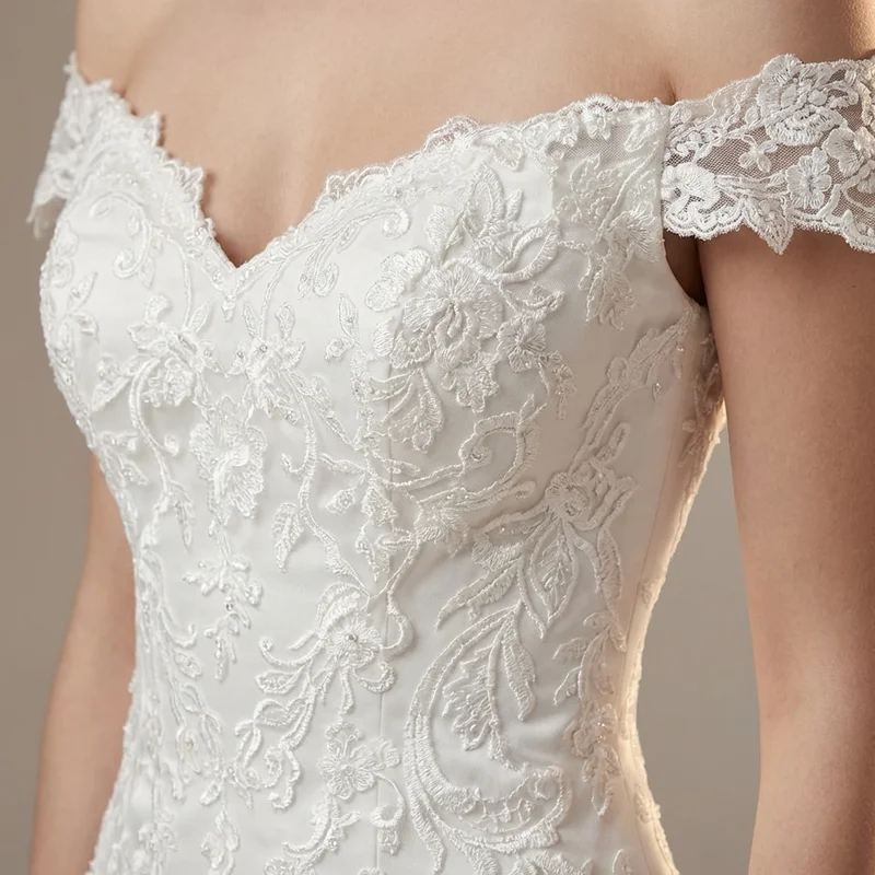 Robe de Mariée Sirène en Dentelle avec Épaules Dénudées - 3