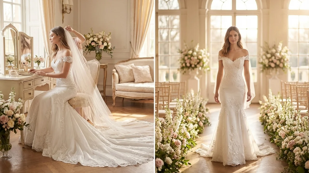 Robe de Mariée Sirène en Dentelle avec Épaules Dénudées - 5
