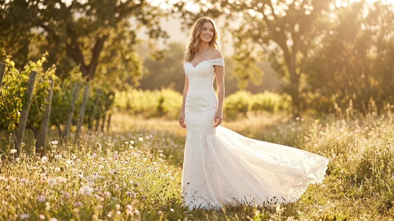 Robe de Mariée Sirène en Dentelle avec Épaules Dénudées - 6