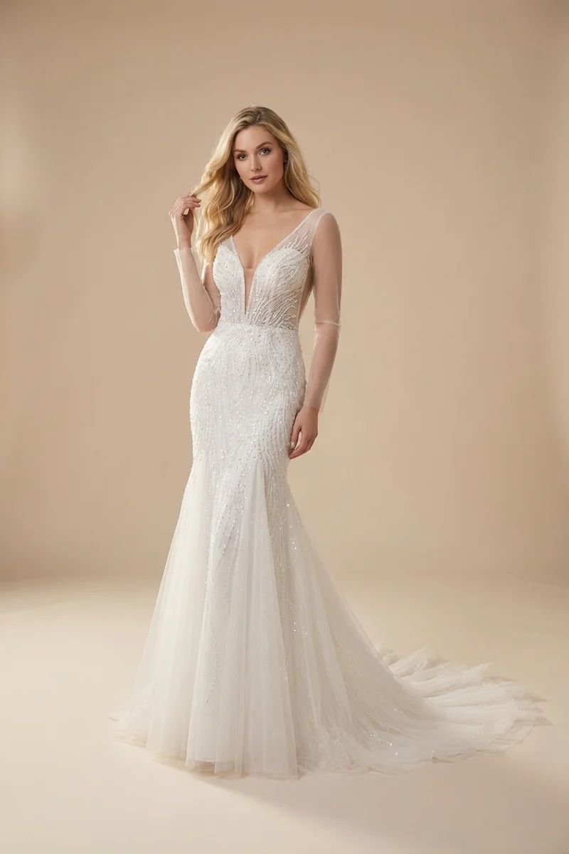 Robe de Mariée Sirène Scintillante Brodée de Perles avec Décolleté Plongeant - 1