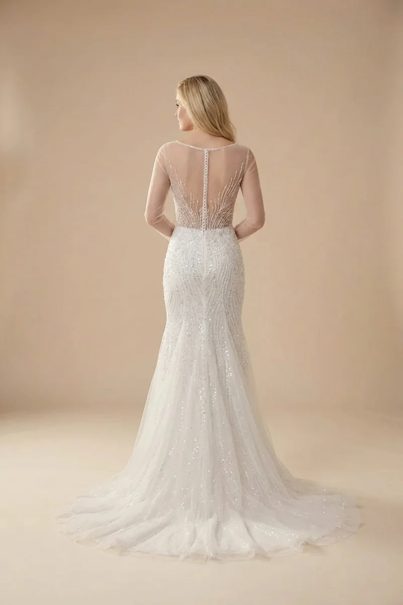 Robe de Mariée Sirène Scintillante Brodée de Perles avec Décolleté Plongeant - 2