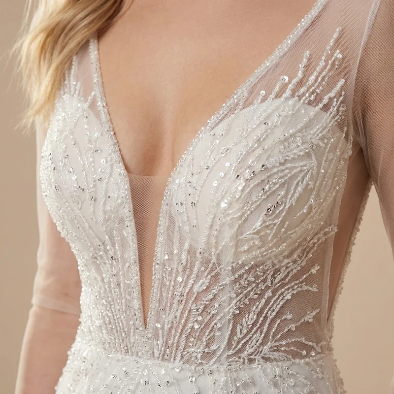 Robe de Mariée Sirène Scintillante Brodée de Perles avec Décolleté Plongeant - 3