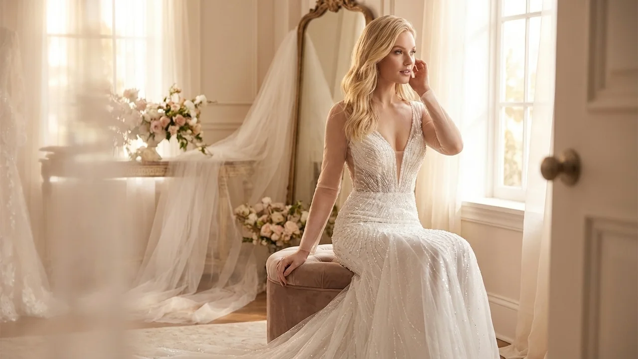 Robe de Mariée Sirène Scintillante Brodée de Perles avec Décolleté Plongeant - 5