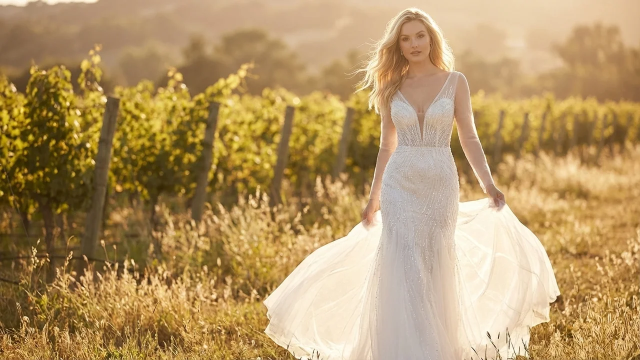 Robe de Mariée Sirène Scintillante Brodée de Perles avec Décolleté Plongeant - 6