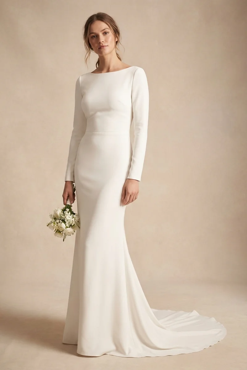 Modern Minimalist Crepe Wedding Dress with Clean Lines - 1