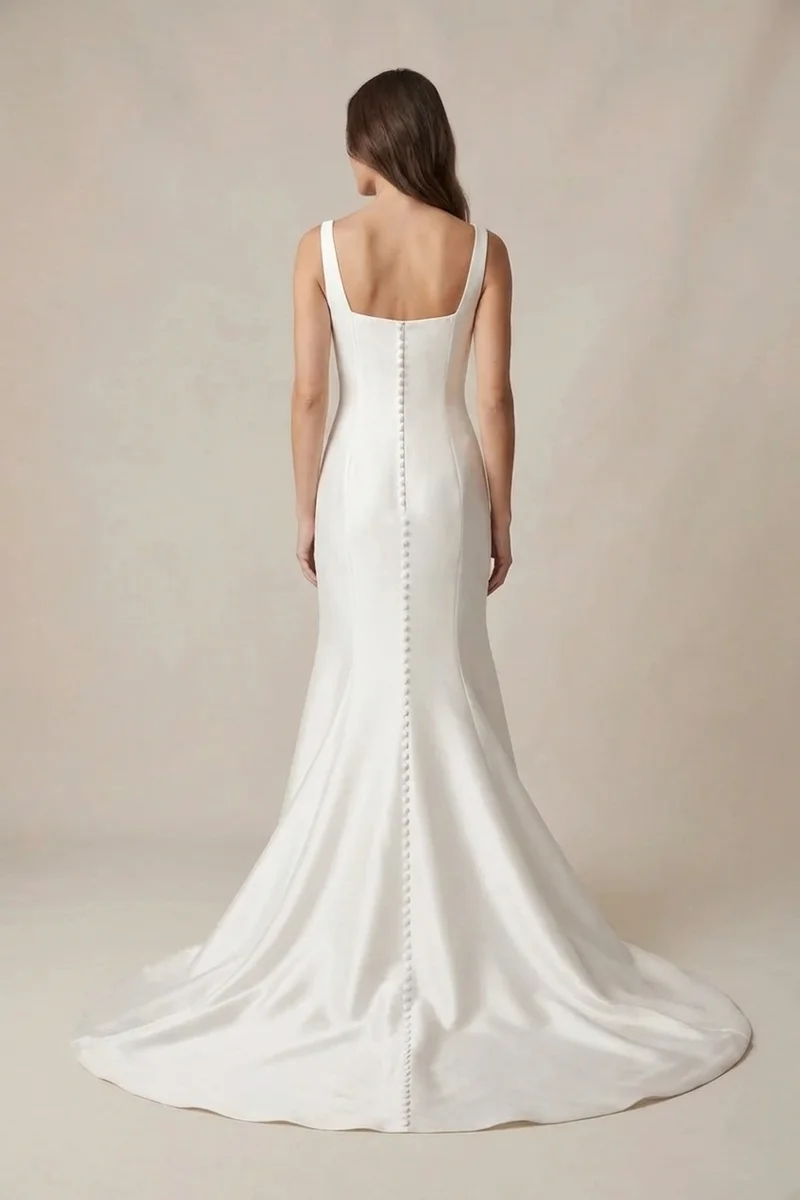 Modern Structured Satin Wedding Dress with Architectural Neckline - 2