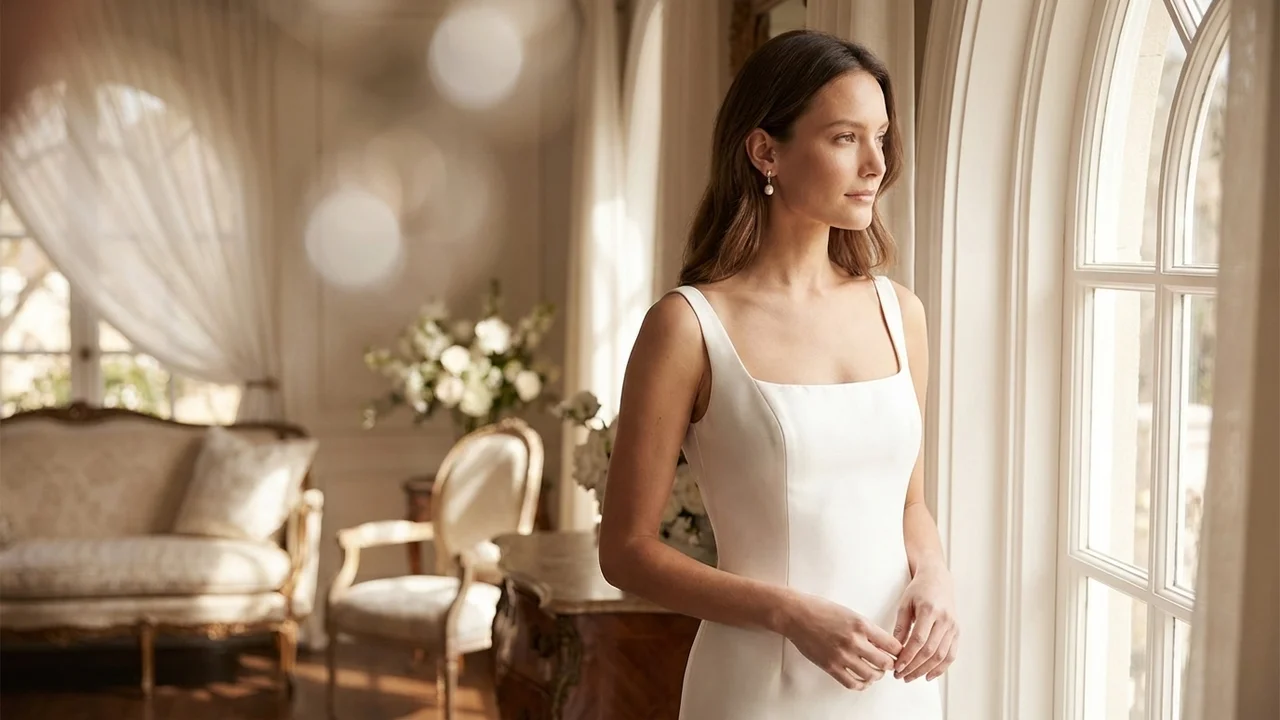 Modern Structured Satin Wedding Dress with Architectural Neckline - 5