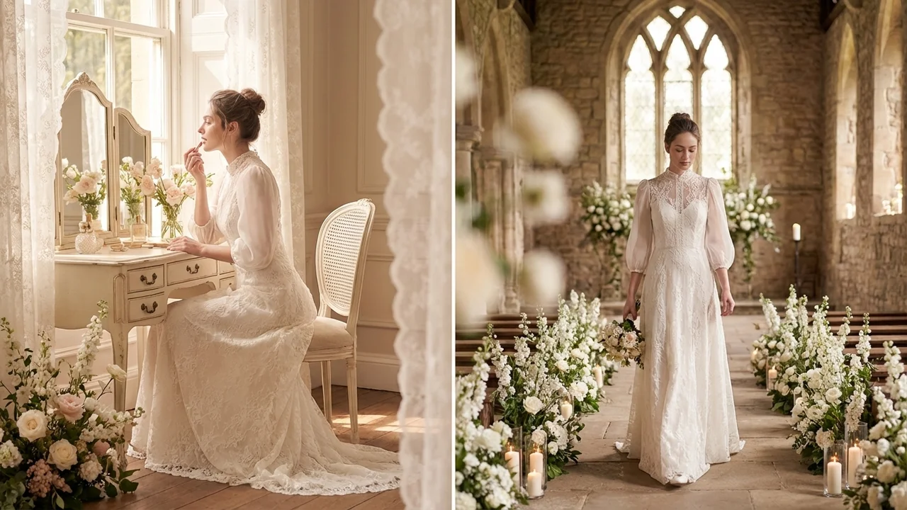 Kate Puff Sleeve Lace Vintage Wedding Dress - 5