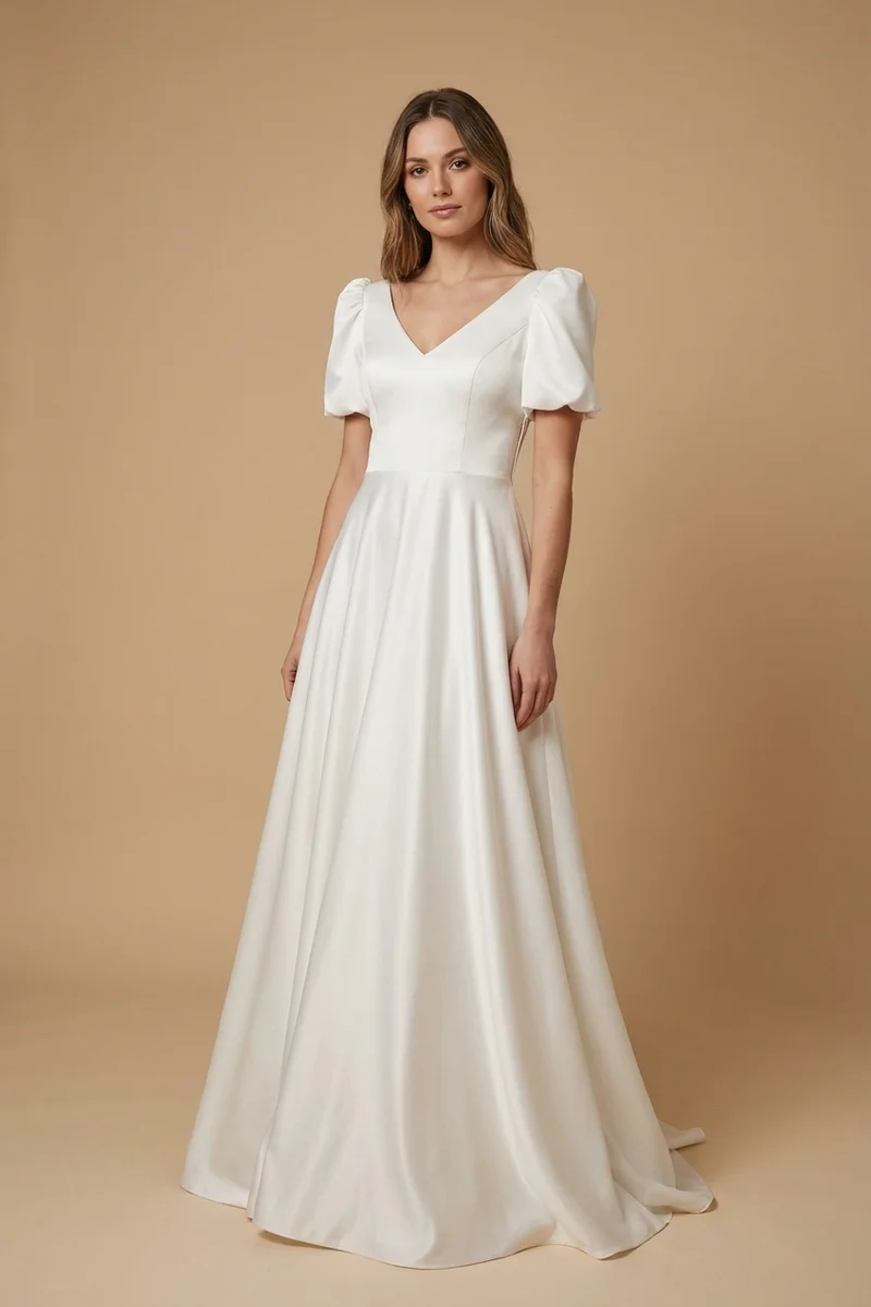 Luna Robe de Mariée Moderne en Satin à Manches Bouffantes - 1
